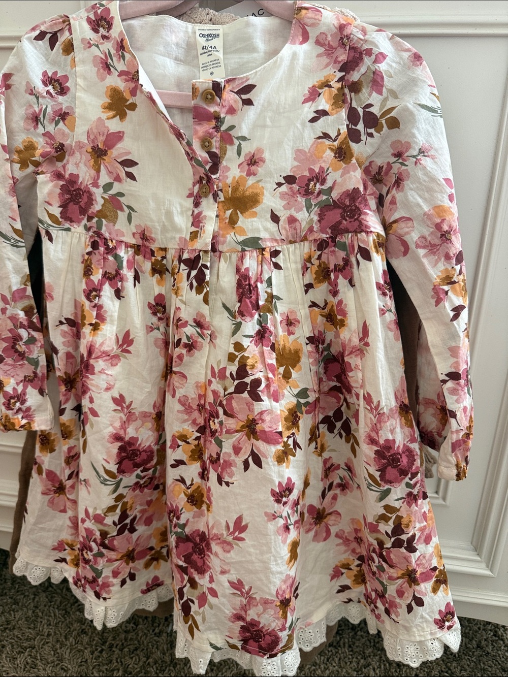 OshKosh B'gosh White Floral Long Sleeve Dress with Pink & Mustard Blooms